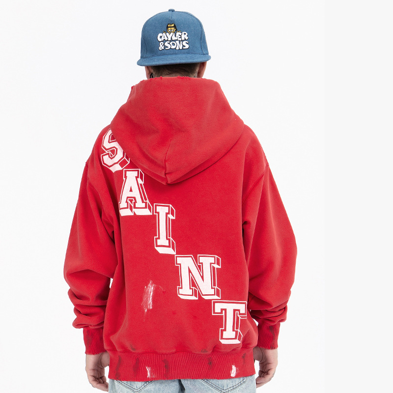 Distressed and torn washed angel print loose-fitting hooded sweatshirt