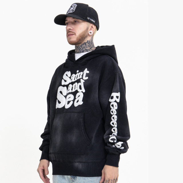 Tide vintage high street foam letter print spray paint washed hooded sweatshirt jacket