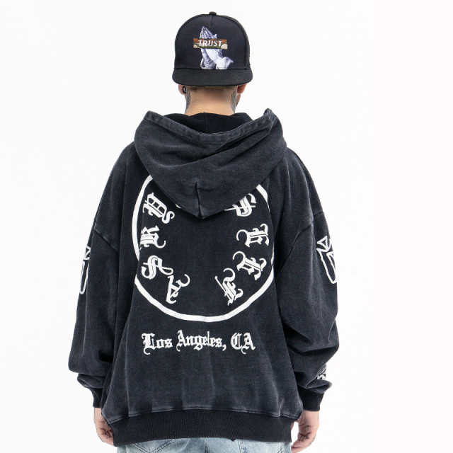 Tide Sanskrit washed vintage high street hooded sweatshirt for men and women loose