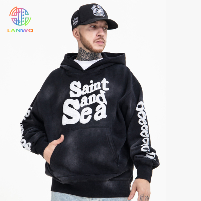 Tide vintage high street foam letter print spray paint washed hooded sweatshirt jacket