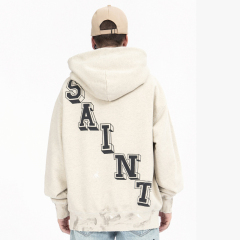 Distressed and torn washed angel print loose-fitting hooded sweatshirt