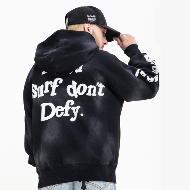 Tide vintage high street foam letter print spray paint washed hooded sweatshirt jacket