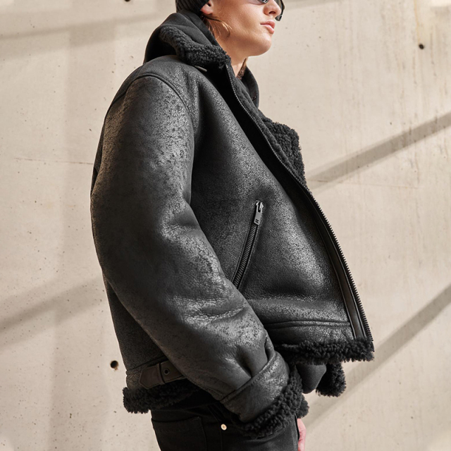 Lambswool fur one biker leather jacket men's jacket cotton clothing large size male trendy jacket