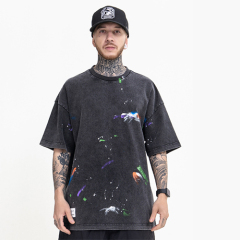 New street tide brand colorful handmade ink splash loose short-sleeved T-shirt men