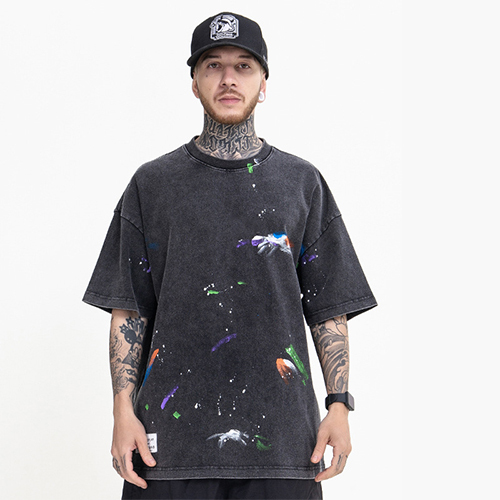 New street tide brand colorful handmade ink splash loose short-sleeved T-shirt men
