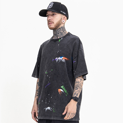 New street tide brand colorful handmade ink splash loose short-sleeved T-shirt men