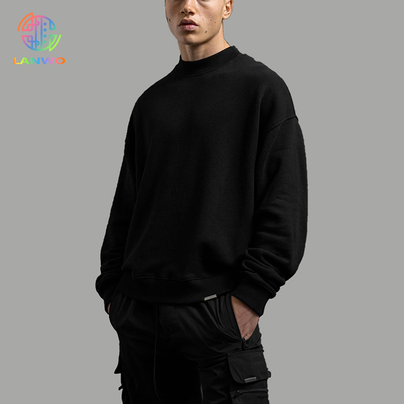 Casual plain black three-dimensional patch pockets not hooded cotton solid colour spot loose drop shoulder sweatshirt