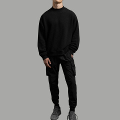 Casual plain black three-dimensional patch pockets not hooded cotton solid colour spot loose drop shoulder sweatshirt