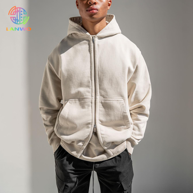 Solid colour zip up hooded sweatshirt tide high street washed out vintage jacket