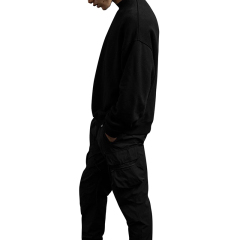 Casual plain black three-dimensional patch pockets not hooded cotton solid colour spot loose drop shoulder sweatshirt