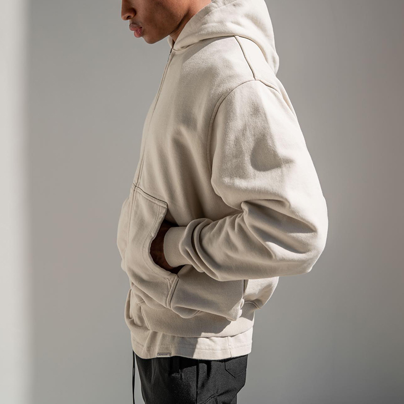 Solid colour zip up hooded sweatshirt tide high street washed out vintage jacket