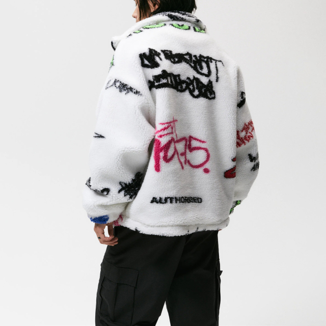 Men's Printed Fleece Loose Standing Collar Jacket Jacket