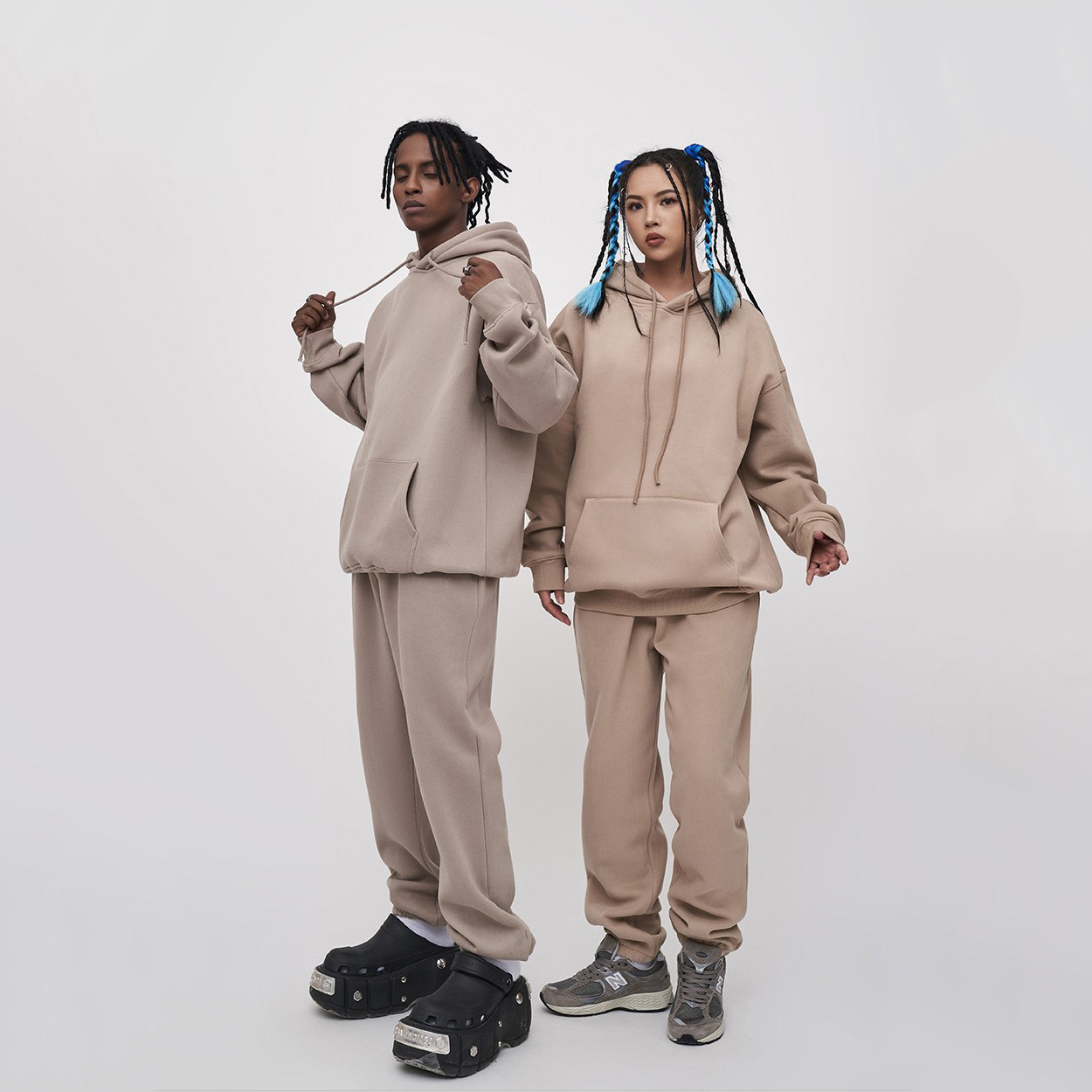 New Tracksuit 380g Solid Color French Terry Hoodie and Sweatpants Set