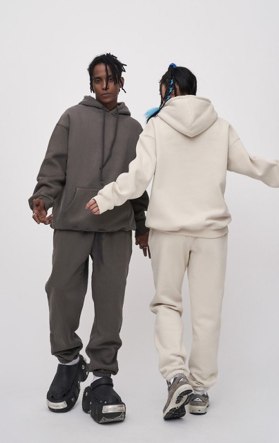 New Tracksuit 380g Solid Color French Terry Hoodie and Sweatpants Set