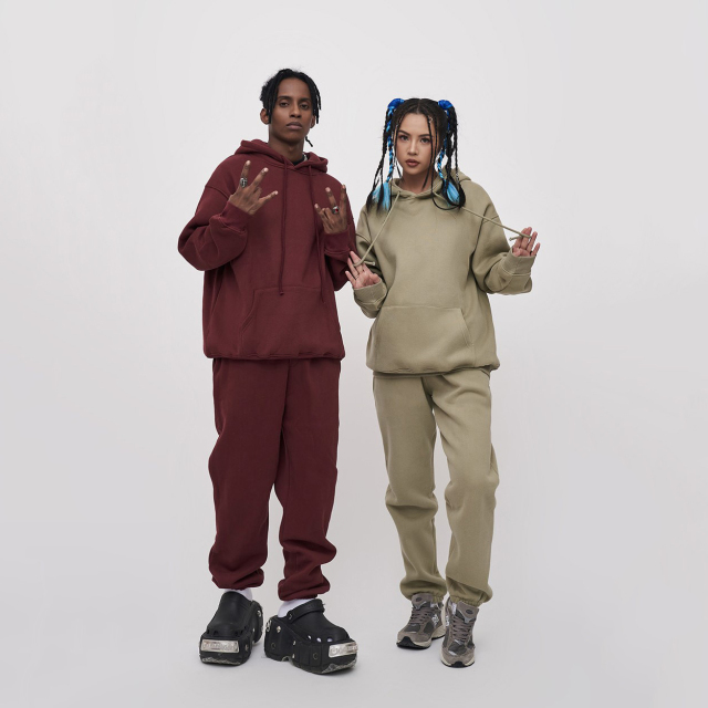 New Tracksuit 380g Solid Color French Terry Hoodie and Sweatpants Set