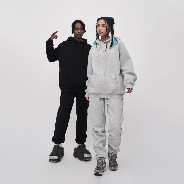 New Tracksuit 380g Solid Color French Terry Hoodie and Sweatpants Set