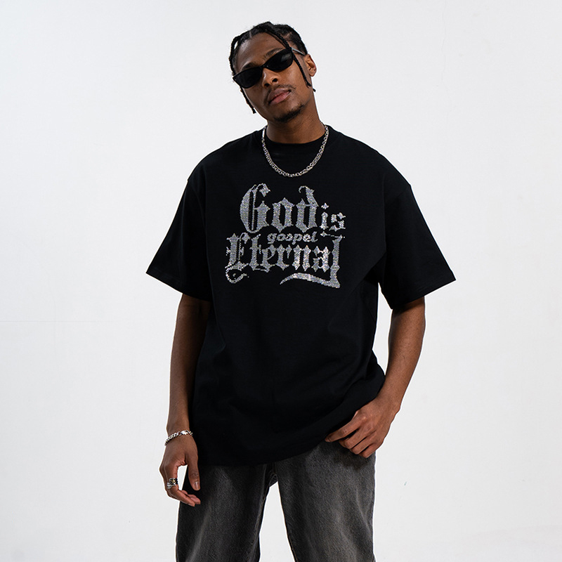 LANWO New Rhinestone hot-printed high street hip-hop retro short-sleeved streetwear men's loose T-shirt