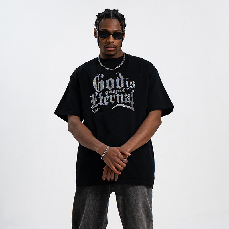LANWO New Rhinestone hot-printed high street hip-hop retro short-sleeved streetwear men's loose T-shirt