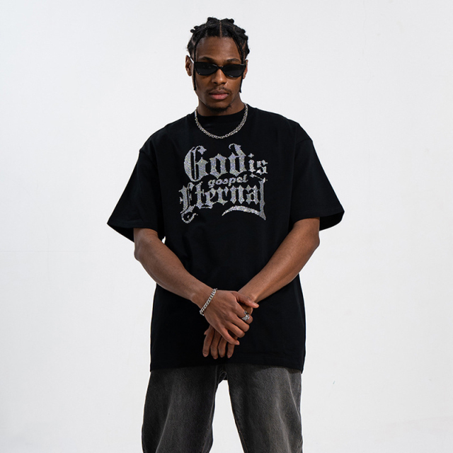 LANWO New Rhinestone hot-printed high street hip-hop retro short-sleeved streetwear men's loose T-shirt