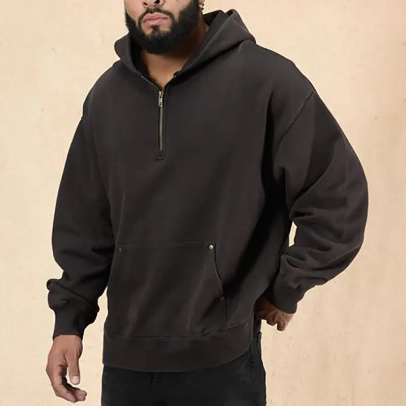 Custom Design Sports Training Half Zip Pullover 100% Cotton Boxy Drop Shoulder Oversized Blank Quarter Zip Hoodies Men