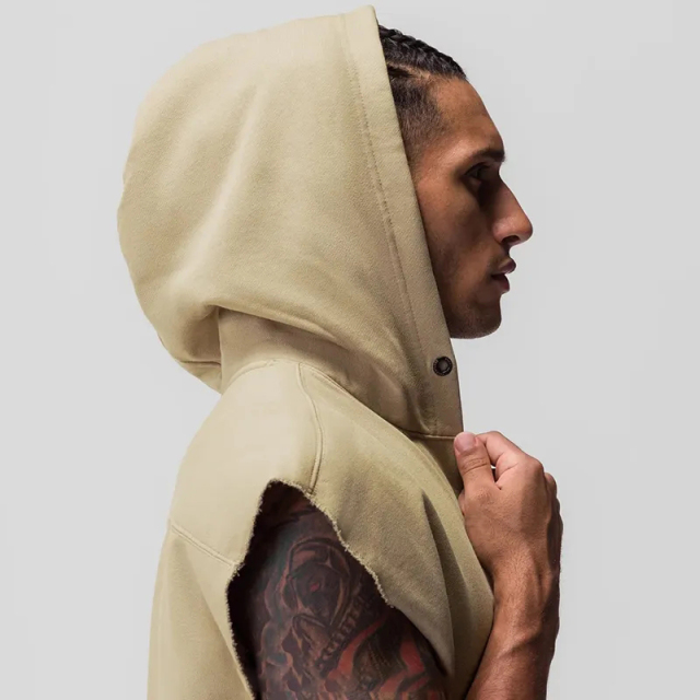 Custom Sports Breathable Sweat Wicking Sleeveless Drop Shoulder Oversized Blank Cropped Essentials Raw Hem Cutoff Hoodies Men