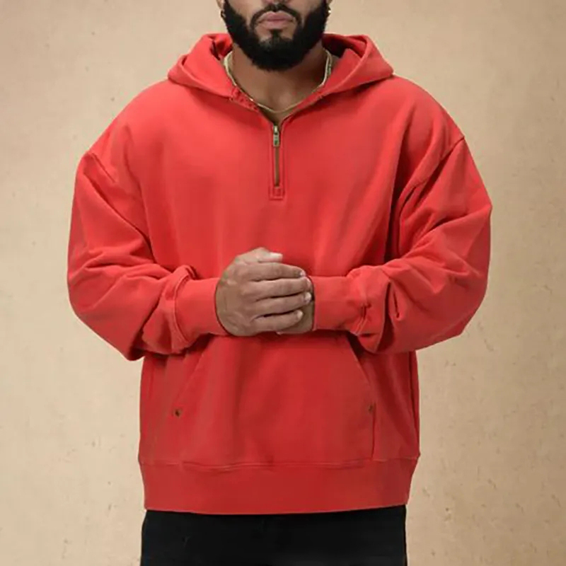 Custom Design Sports Training Half Zip Pullover 100% Cotton Boxy Drop Shoulder Oversized Blank Quarter Zip Hoodies Men