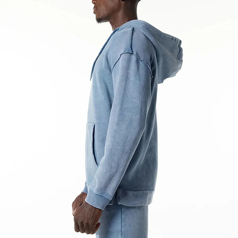 Wholesale Custom Logo Oversized 500 Gsm Raw Cut Seams Double Lined Pre-shrunk100% Cotton Men's Heavyweight Washed Terry Hoodie