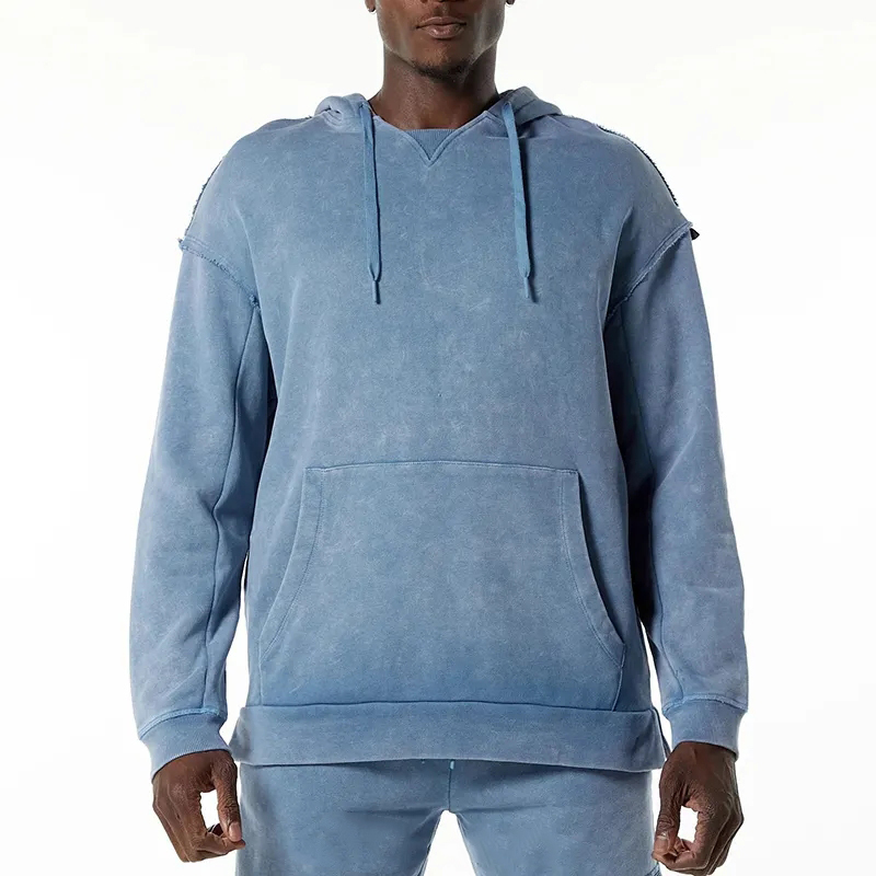 Wholesale Custom Logo Oversized 500 Gsm Raw Cut Seams Double Lined Pre-shrunk100% Cotton Men's Heavyweight Washed Terry Hoodie