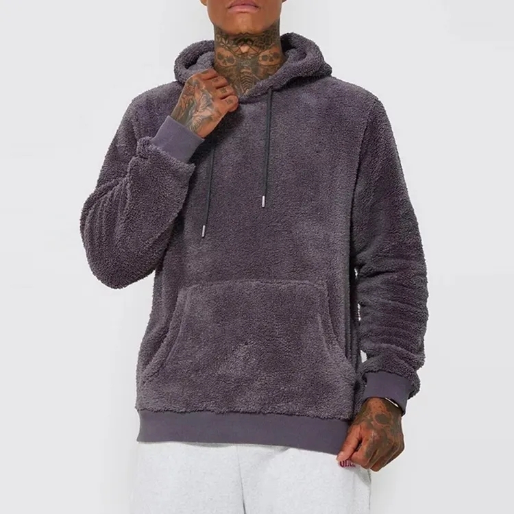 Winter Custom Logo Blank High Quality Heavy Weight Polar Polyester Faux Fur Shearling Fleece Sherpa Hoodie For Men
