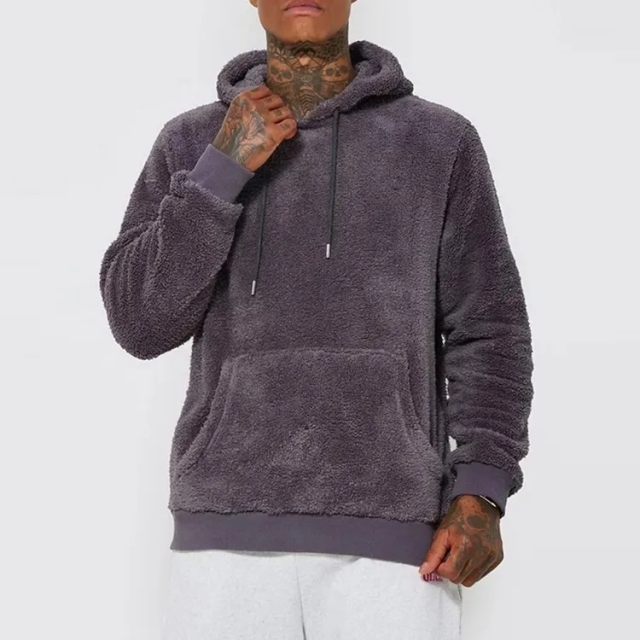 Winter Custom Logo Blank High Quality Heavy Weight Polar Polyester Faux Fur Shearling Fleece Sherpa Hoodie For Men