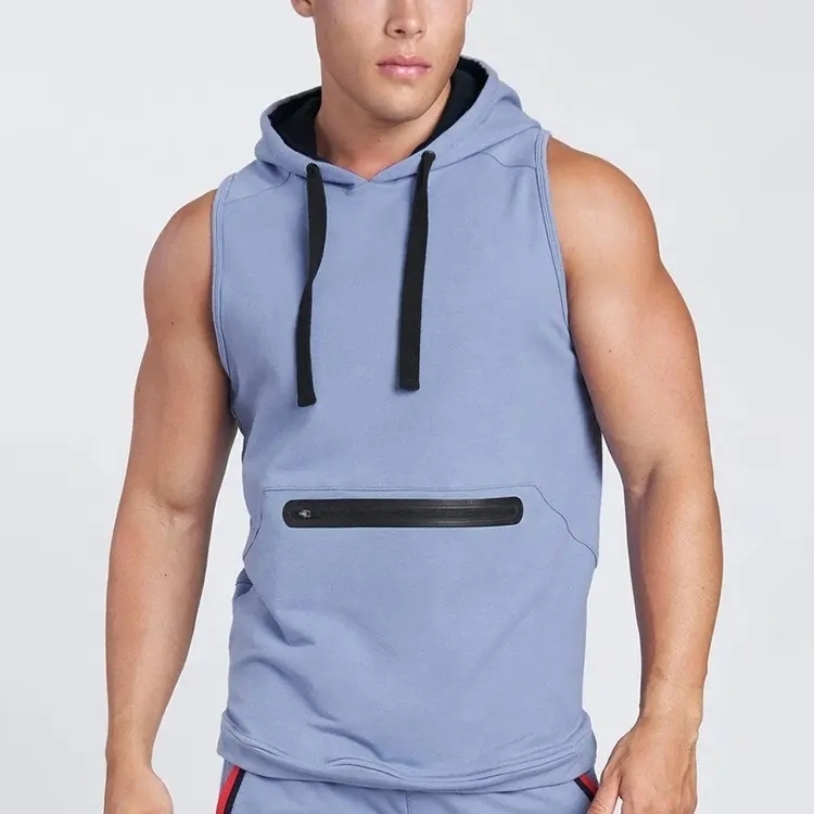 High Quality Men Custom Fit Lightweight Sports Training Zipper Pocket Sleeveless Hoodie