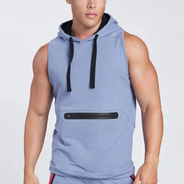 High Quality Men Custom Fit Lightweight Sports Training Zipper Pocket Sleeveless Hoodie