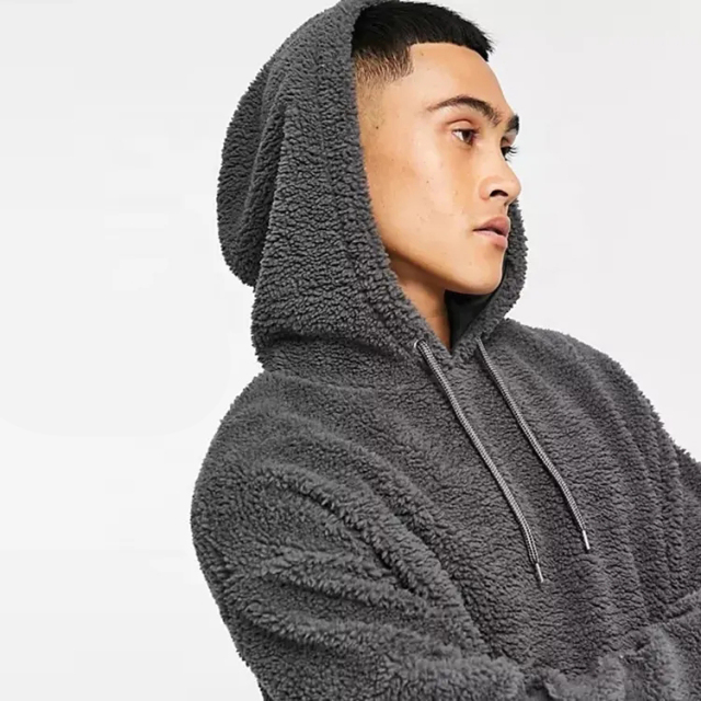 Oem Custom Logo Blank High Quality Winter Heavy Weight Polar Berber Polyester Faux Shearling Fleece Sherpa Hoodie For Men