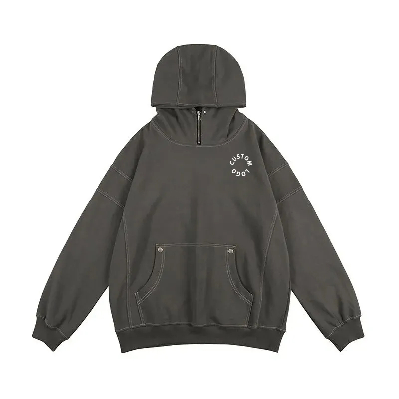High Neck Zip Hoodie 100% Cotton Blank French Heavy Weight 500 Gsm Turtleneck Oversized Fit Custom Logo Men's Hoodies