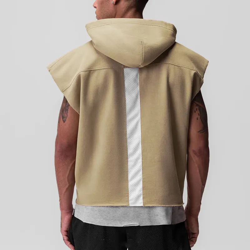 Custom Sports Breathable Sweat Wicking Sleeveless Drop Shoulder Oversized Blank Cropped Essentials Raw Hem Cutoff Hoodies Men