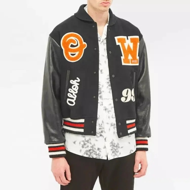 Oem Custom Chain Embroidery Collar Leather Sleeve Vintage Bomber Baseball Letterman Jacket For Men