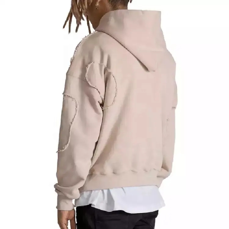 Oem Mens Heavy Weight Oversized Hoodie No Drawstring French Terry Cotton Blank Distressed Patchwork Hoodie For Men