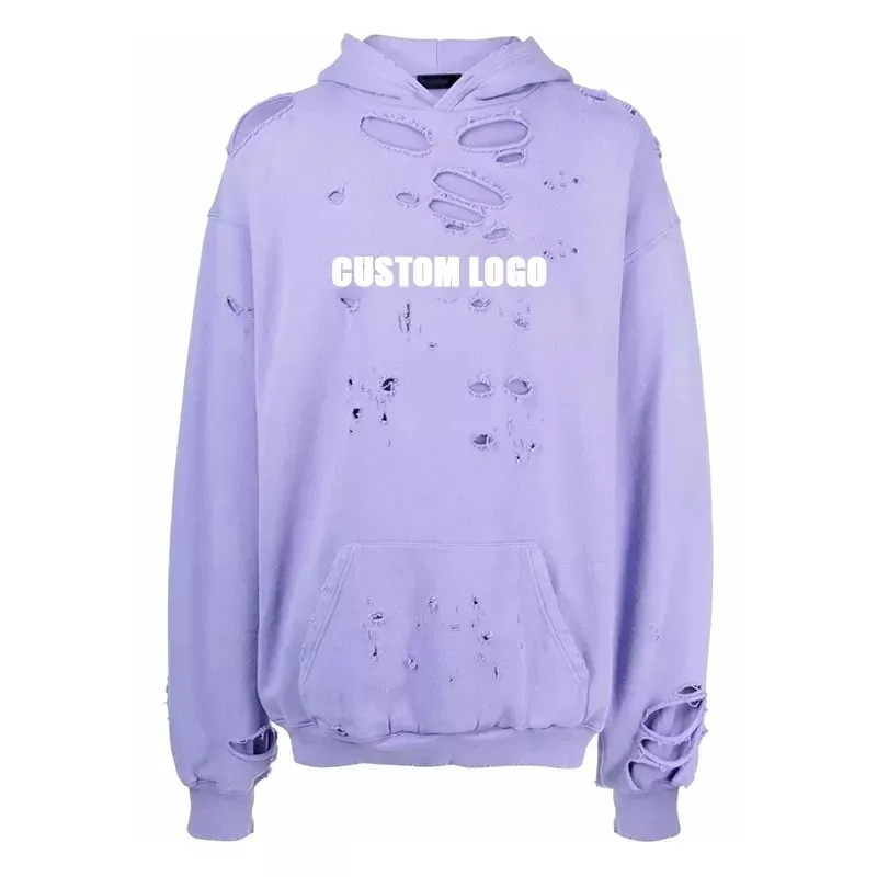 Men Custom Logo Print Oversized 100% Cotton Classic Hood Long Sleeve Ripped Vintage Distressed Hoodie