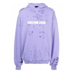 Men Custom Logo Print Oversized 100% Cotton Classic Hood Long Sleeve Ripped Vintage Distressed Hoodie
