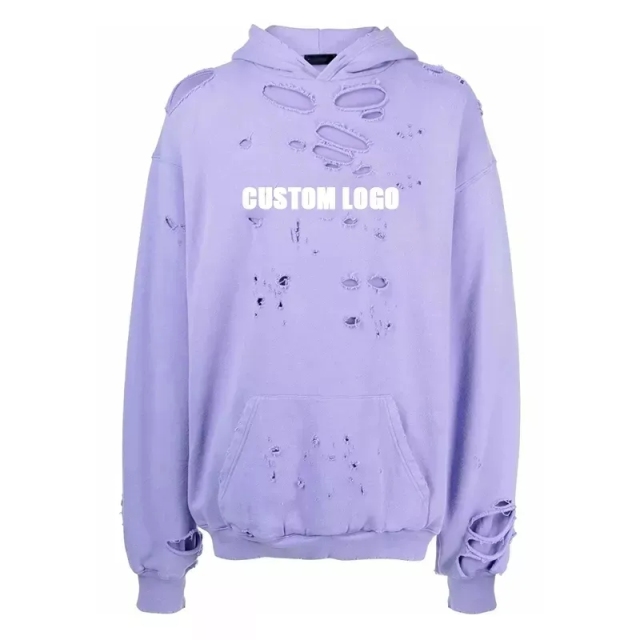 Men Custom Logo Print Oversized 100% Cotton Classic Hood Long Sleeve Ripped Vintage Distressed Hoodie