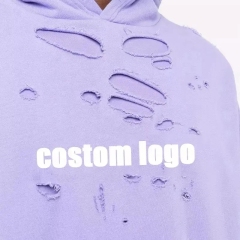 Men Custom Logo Print Oversized 100% Cotton Classic Hood Long Sleeve Ripped Vintage Distressed Hoodie