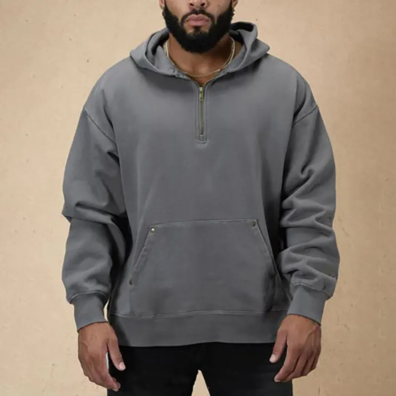 Custom Design Sports Training Half Zip Pullover 100% Cotton Boxy Drop Shoulder Oversized Blank Quarter Zip Hoodies Men