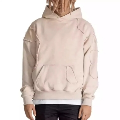 Oem Mens Heavy Weight Oversized Hoodie No Drawstring French Terry Cotton Blank Distressed Patchwork Hoodie For Men