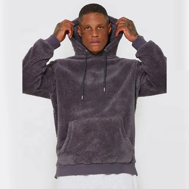 Winter Custom Logo Blank High Quality Heavy Weight Polar Polyester Faux Fur Shearling Fleece Sherpa Hoodie For Men