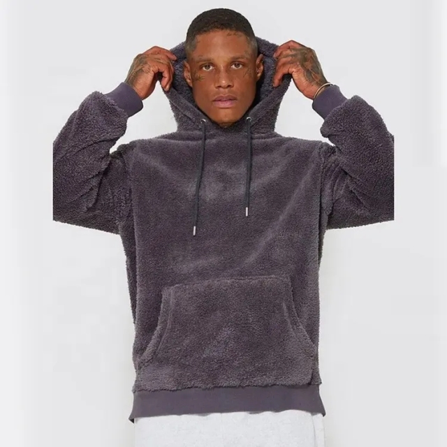 Winter Custom Logo Blank High Quality Heavy Weight Polar Polyester Faux Fur Shearling Fleece Sherpa Hoodie For Men