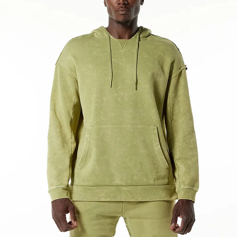 Wholesale Custom Logo Oversized 500 Gsm Raw Cut Seams Double Lined Pre-shrunk100% Cotton Men's Heavyweight Washed Terry Hoodie