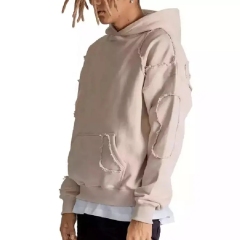 Oem Mens Heavy Weight Oversized Hoodie No Drawstring French Terry Cotton Blank Distressed Patchwork Hoodie For Men