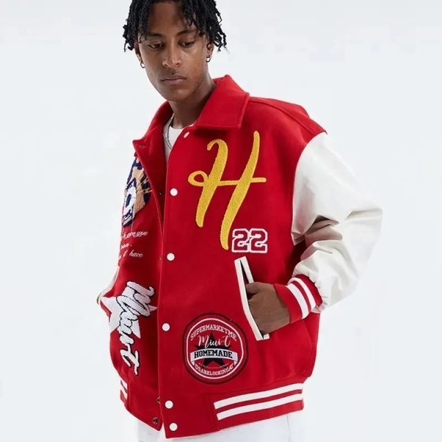 Oem Custom Leather Sleeve Cropped Jacket Chain Chenille Embroidery Vintage Letterman Varsity Jacket For Men