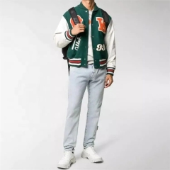 Oem Custom Chain Embroidery Collar Leather Sleeve Vintage Bomber Baseball Letterman Jacket For Men