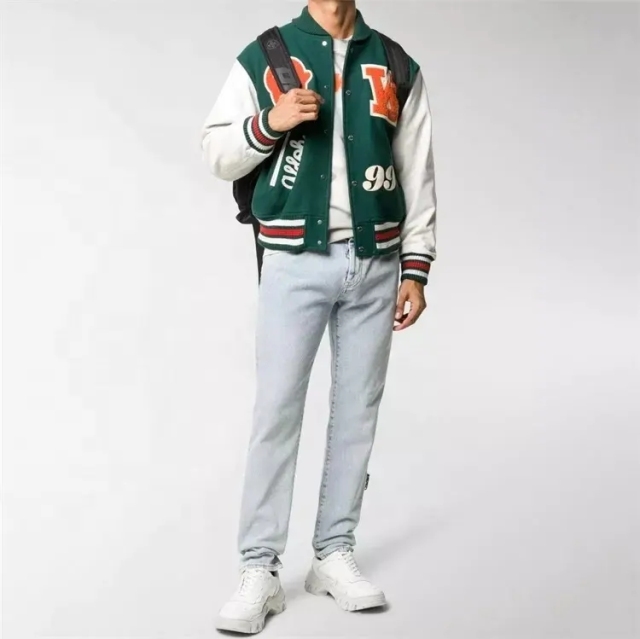 Oem Custom Chain Embroidery Collar Leather Sleeve Vintage Bomber Baseball Letterman Jacket For Men